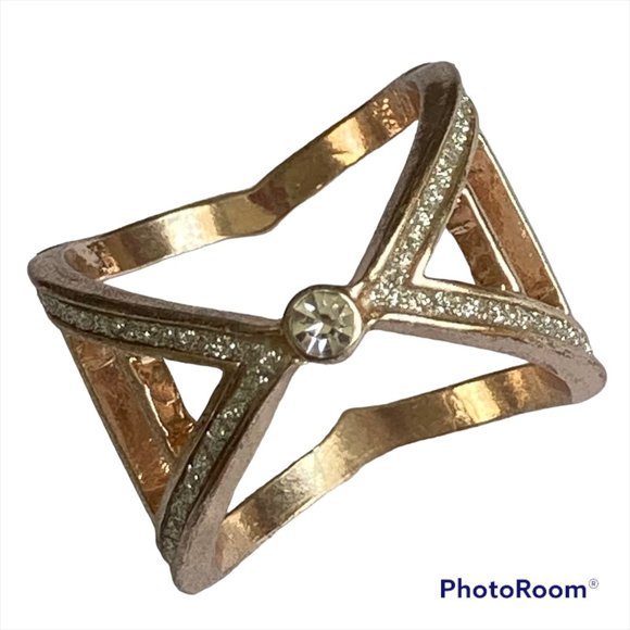Rose Gold Cubic Zirconia Cocktail Ring Boho Art Deco Size 7 Plated Statement - Picture 2 of 11